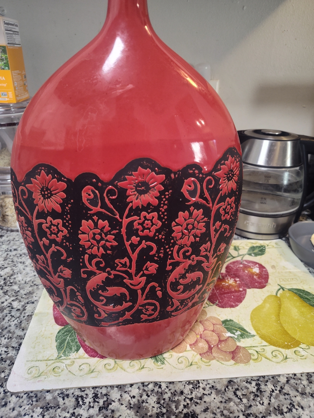Red Decorative Floral Ceramic Vase - Unbranded